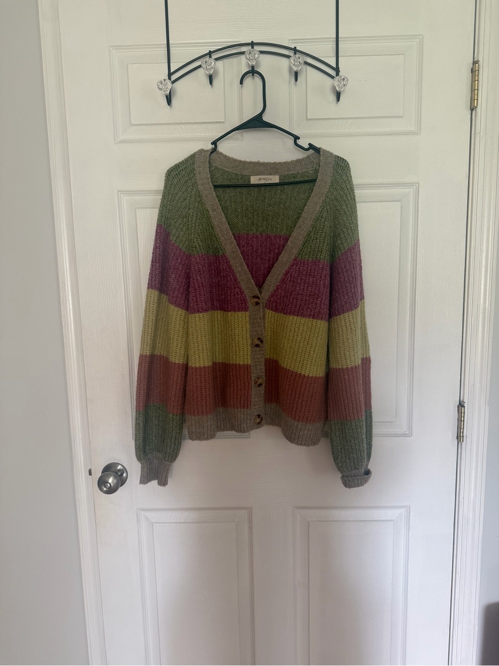 Striped V-Neck Button Cardigan Sweater - Multi Green